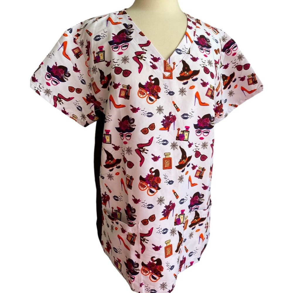 Green Town Women's White Scrubs Size XL- Witch Halloween Theme- NEW